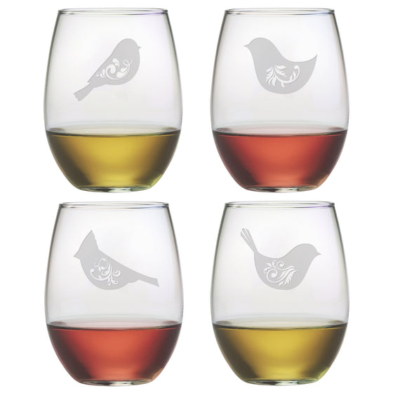 Birds of a Feather Motif Stemless Wine Glasses
