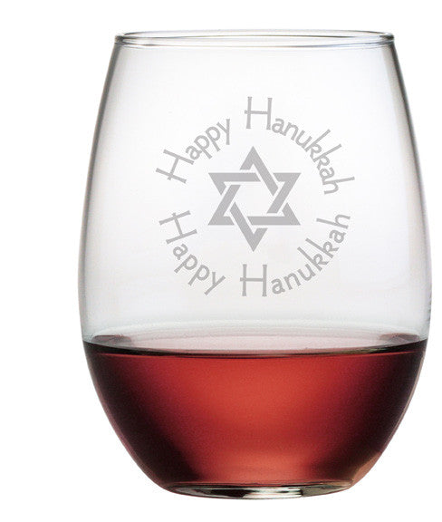 Happy Hanukkah - Design 2 - Stemless Wine Glasses ~ Set of 4