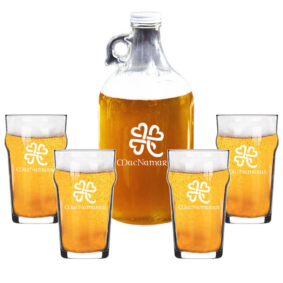 Heart Clover Growler and Nonic Beer Glass Set ~ Personalized