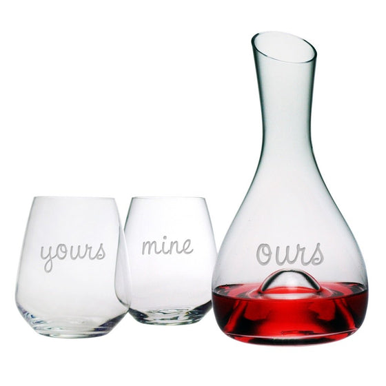 Yours, Mine, Ours Carafe & Stemless Glasses Set
