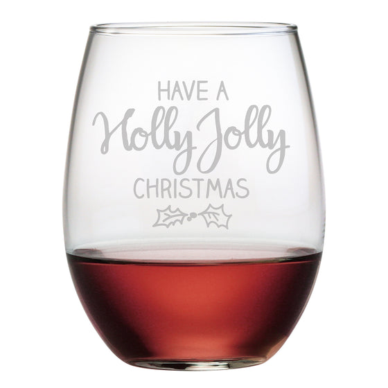 Holly Jolly Christmas Stemless Wine Glasses ~ Set of 4