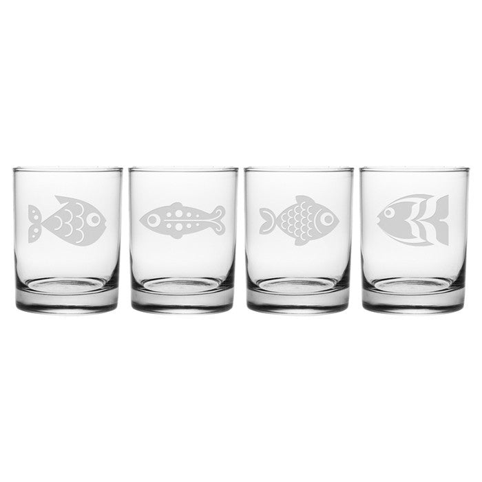 Fish Assortment Double Old Fashioned Glasses ~ Set of 4