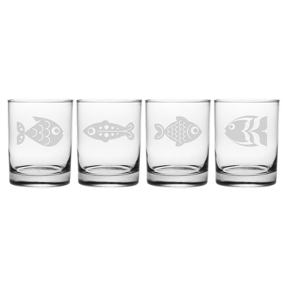 Fish Assortment Double Old Fashioned Glasses ~ Set of 4
