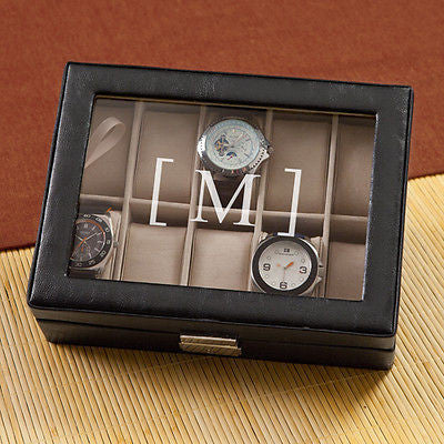 Personalized Black Leather Watch Box