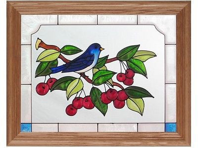 Bluebird & Cherries Hand Painted Stained Glass Art