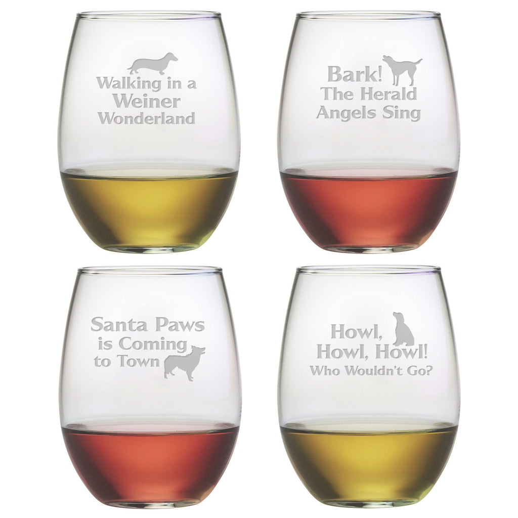 Canine Carols Stemless Wine Glasses ~ Set of 4