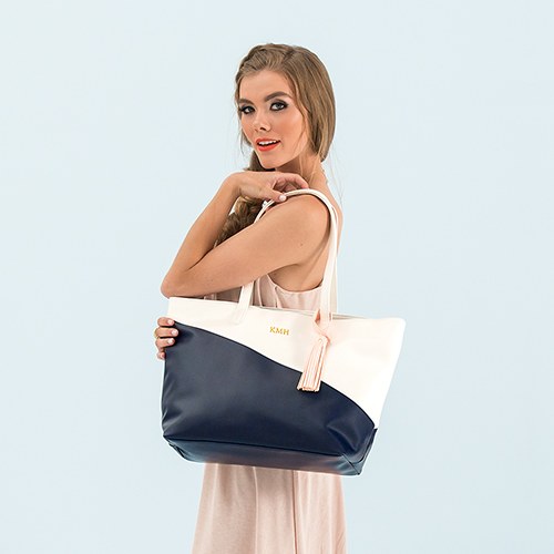 Curacao Color Block Tote - Navy & White - Personalized Tote Bags