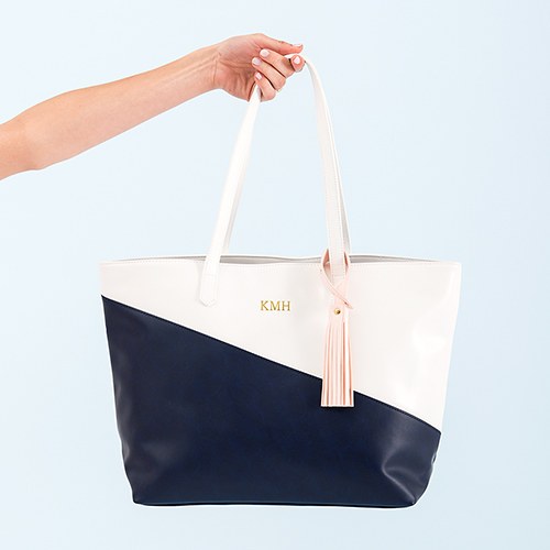Curacao Color Block Tote - Navy & White - Personalized Tote Bags