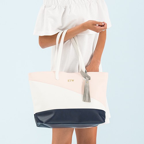 Curacao Color Block Tote - Pink, White & Navy - Personalized Tote Bags