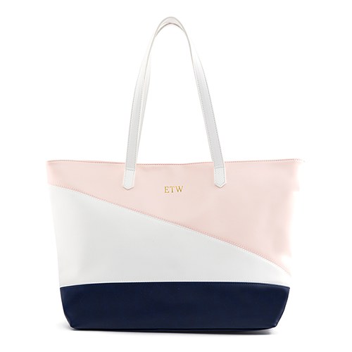 Curacao Color Block Tote - Pink, White & Navy - Personalized Tote Bags