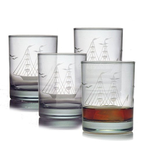Clipper Ship Double Old Fashioned Glasses ~ Set of 4