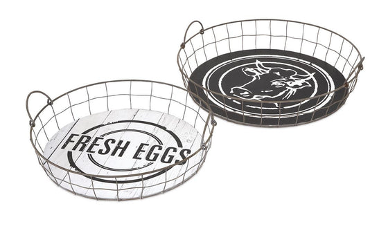 Farm Fresh Round Basket Trays - Set of 2 Country Cow and Eggs Wire Baskets