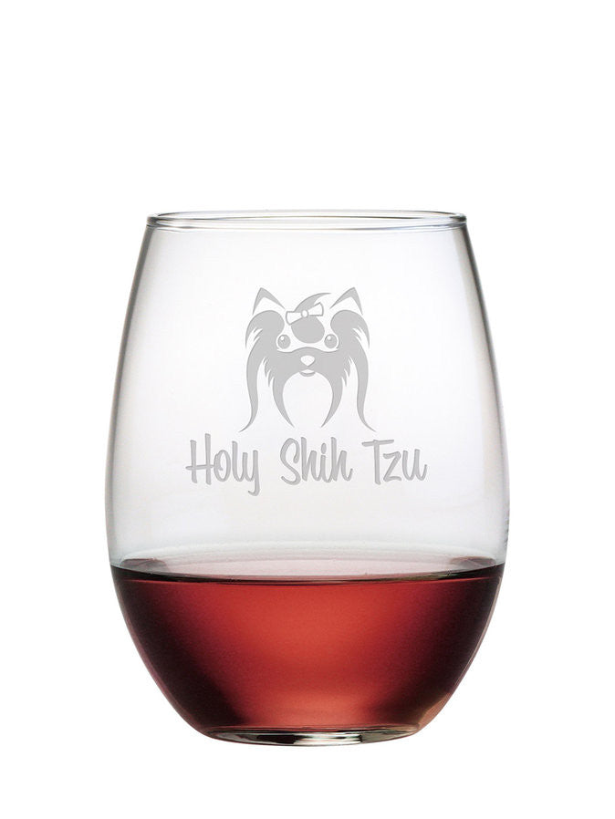 Holy Shih Tzu Stemless Wine Glasses ~ Set of 4
