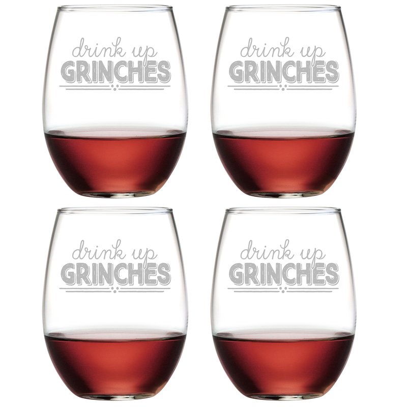 Drink Up Grinches Stemless Wine Glasses ~ Set of 4