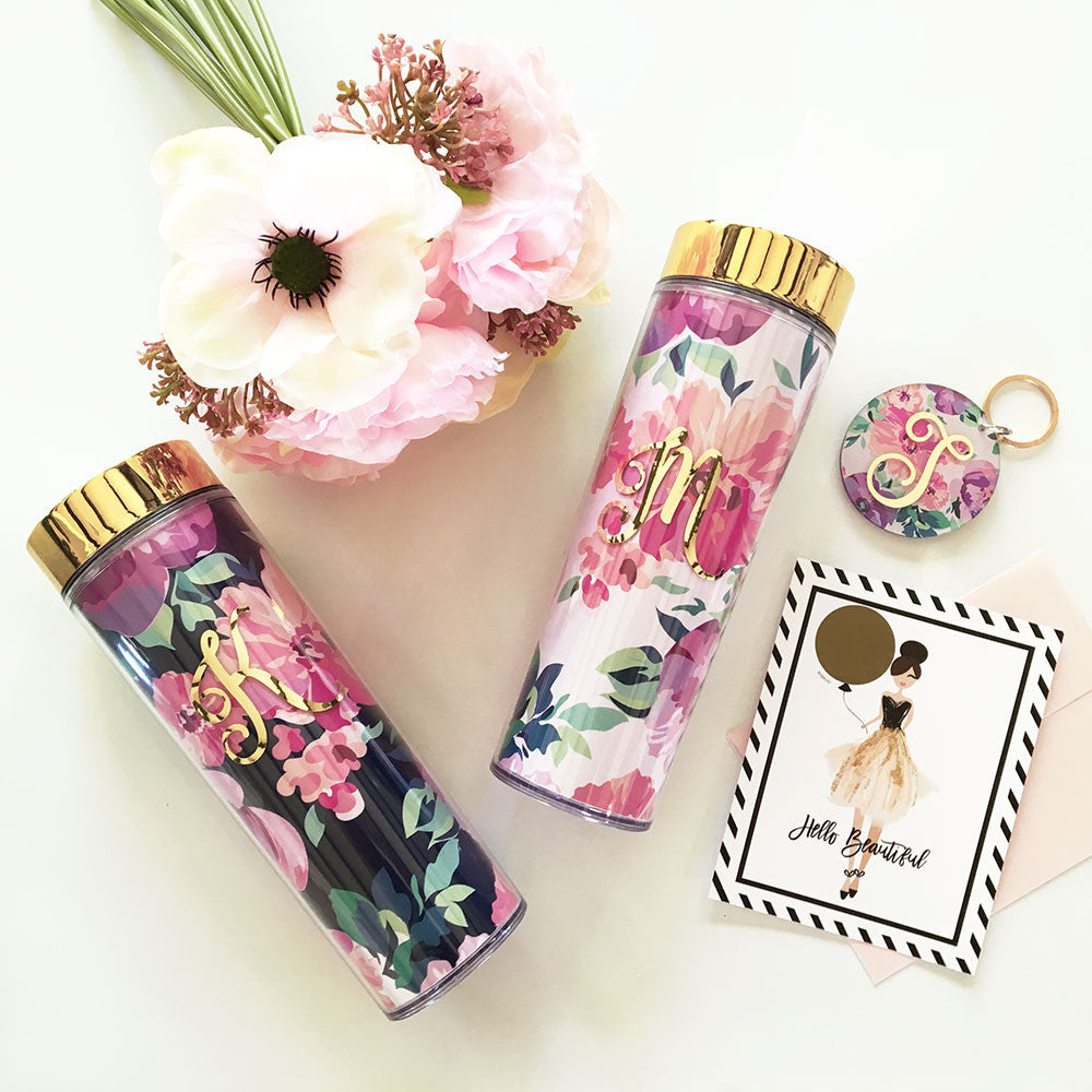Floral Tumbler with Initial - Personalized Cup Bridal Favors