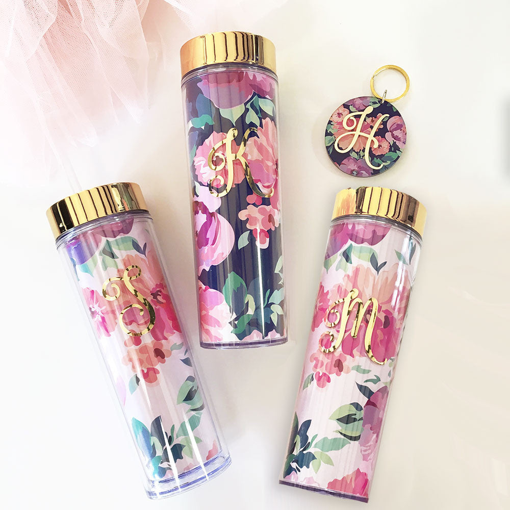 Floral Tumbler with Initial - Personalized Cup Bridal Favors