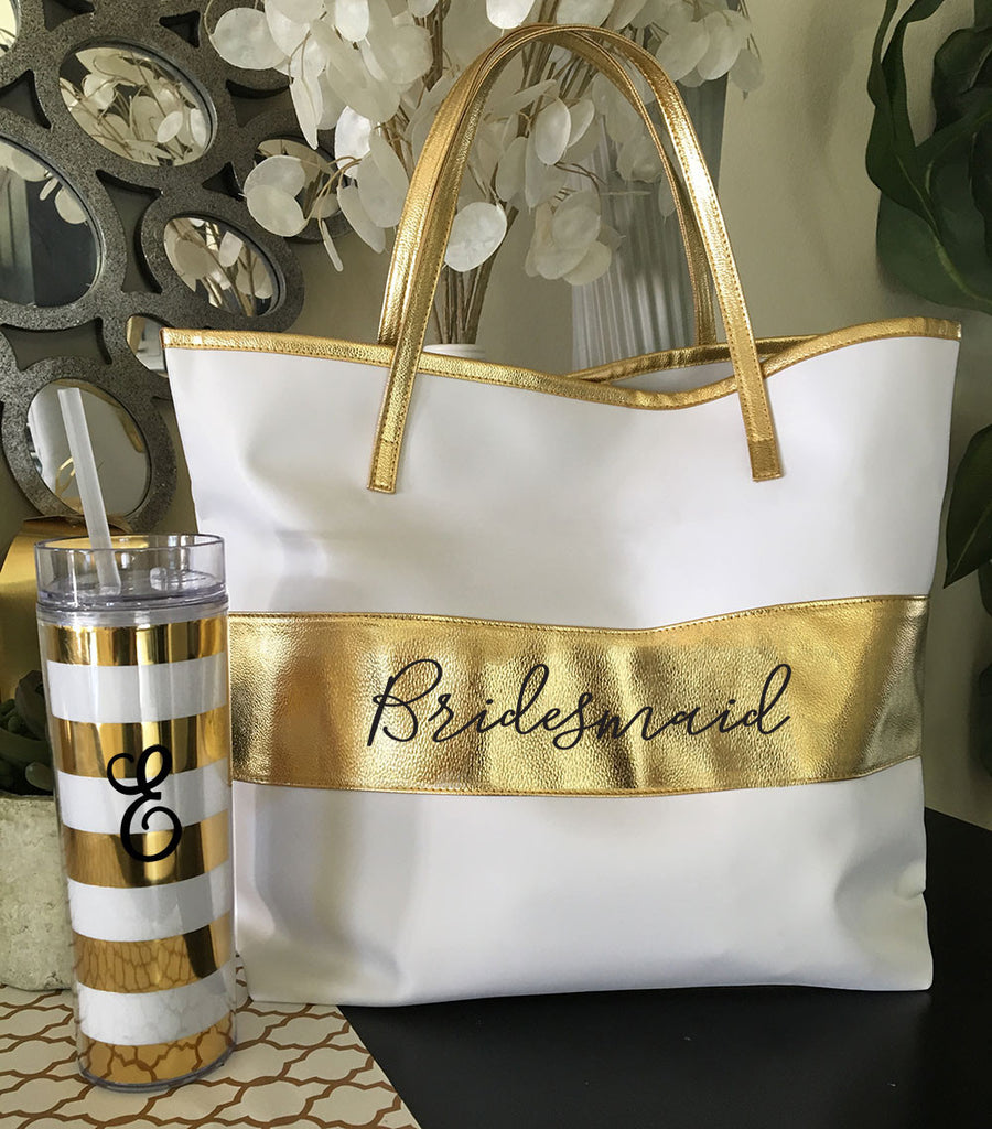 Bridal Party Gold Striped Tote Bag - Bridesmaid Gift
