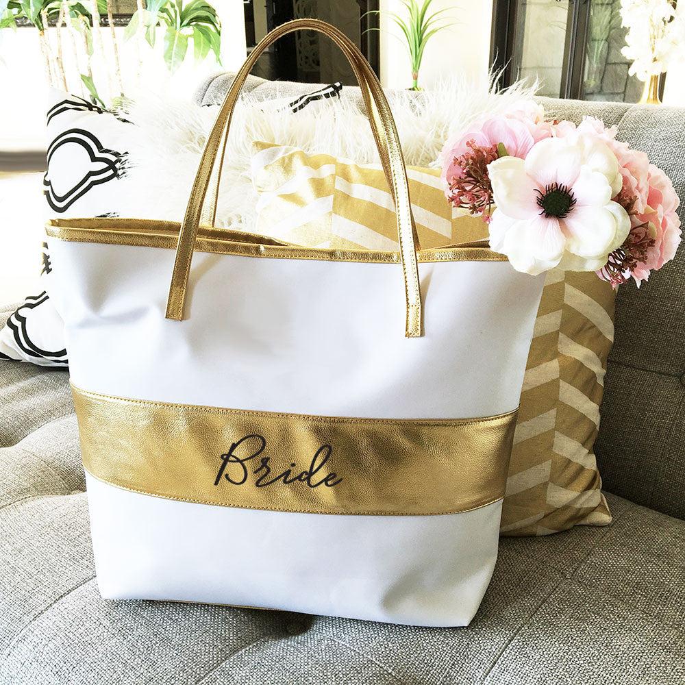 Bridal Party Gold Striped Tote Bag - Bridal Gift