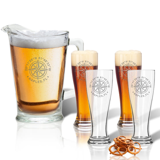 GPS Coordinates Beer Glasses and Pitcher Gift Set - Lake House Gifts