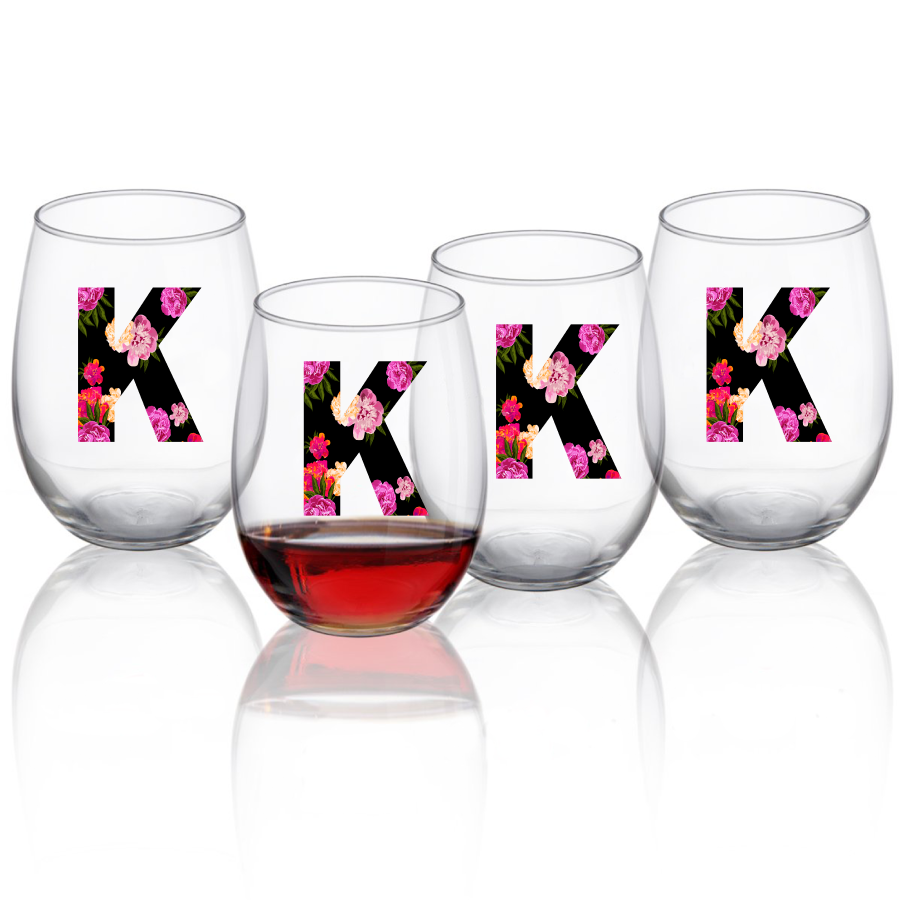 Floral Monogrammed Stemless Wine Glass