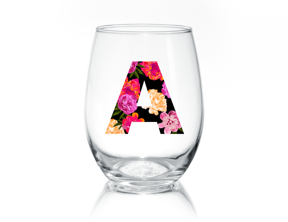Floral Letter Stemless Wine Glass - Joella Design