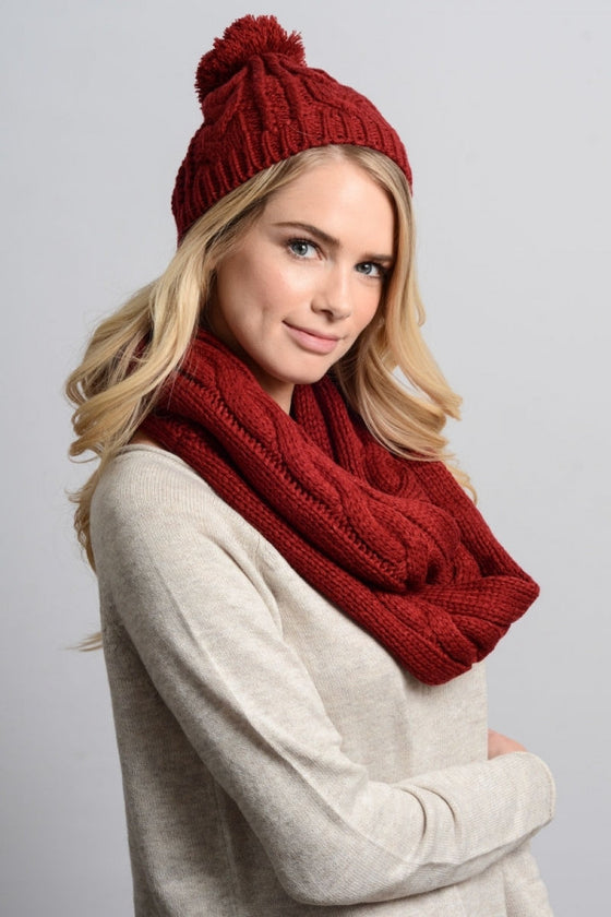  Cable Knit Scarf and Hat Set - Red