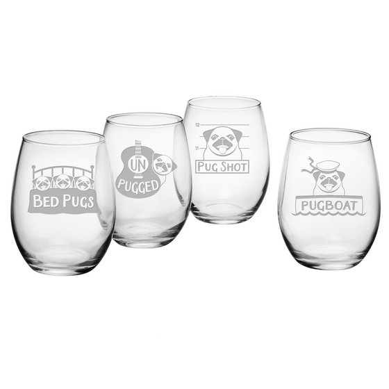 Pug Shots Stemless Wine Glasses ~ Set of 4 - Premier Home & Gifts