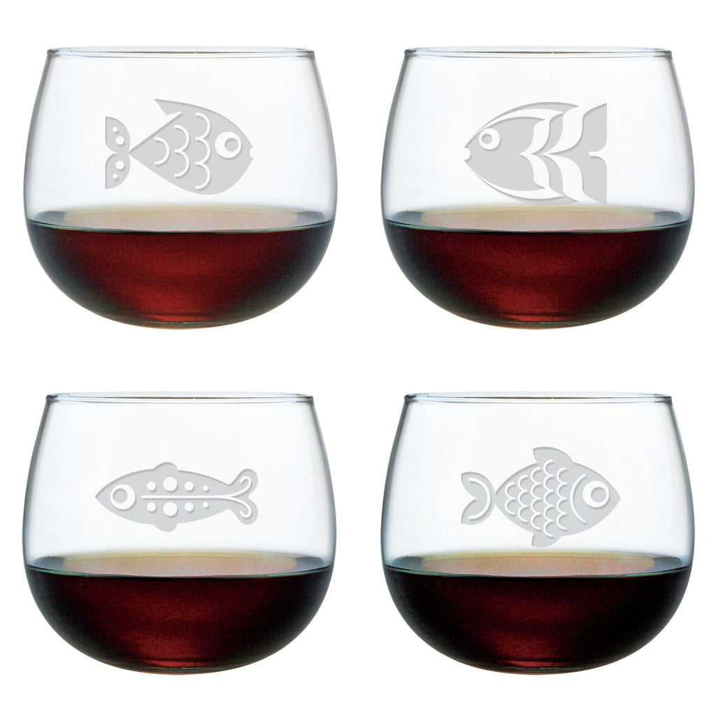 Fish Assortment ~ Stemless Wine Glasses ~ Set of 4