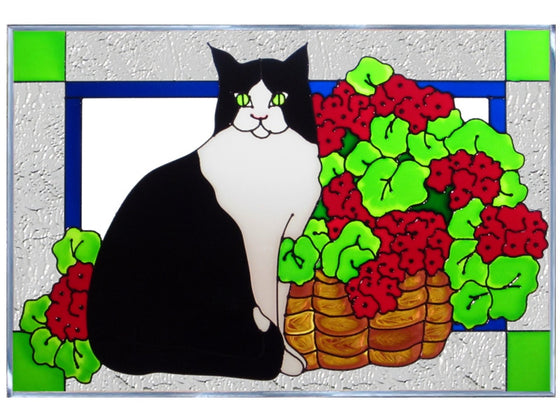 Cat & Geraniums Hand Painted Stained Glass Art
