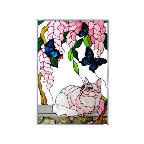 Cat & Butterflies 2 Hand Painted Stained Glass Art