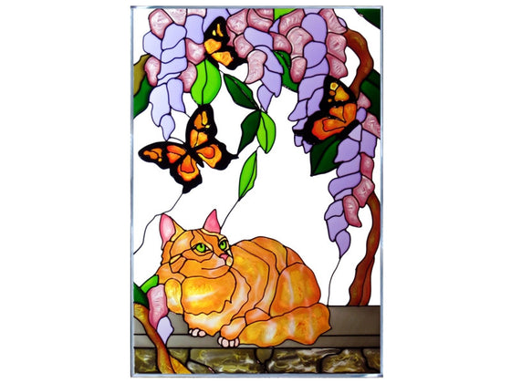 Cat & Butterflies Hand Painted Stained Glass Art