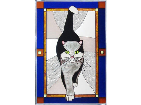 Black and White Cat Hand Painted Stained Glass Art