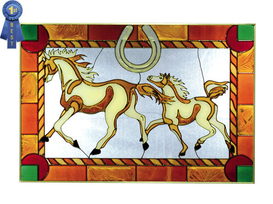 Horses and Horseshoe Hand Painted Stained Glass Art - Premier Home & Gifts