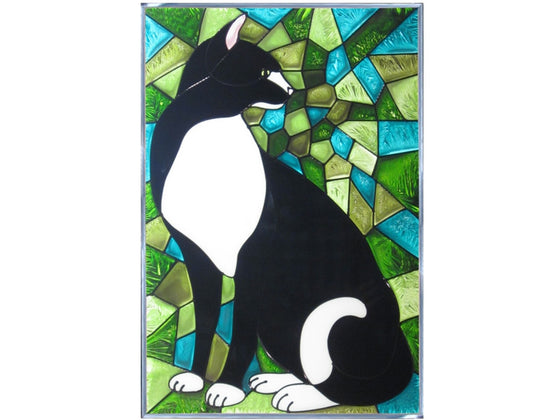 Black & White Cat Hand Painted Stained Glass Art