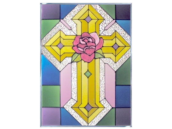 Cross with Rose Hand Painted Stained Glass Art