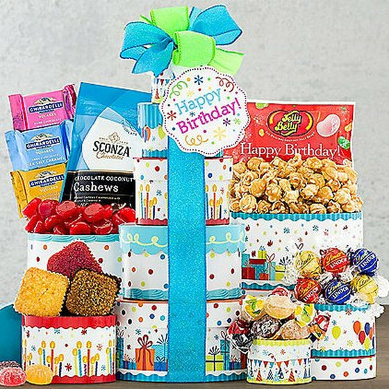 Wishes for a Happy Birthday Gift Basket Tower