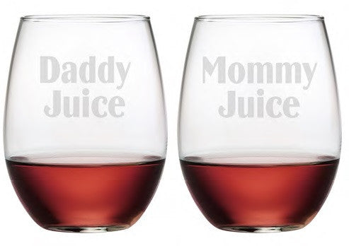 Daddy Juice & Mommy Juice Stemless Wine Glasses ~ Set of 2