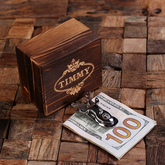 Deer Personalized Money Clip and Wood Gift Box - Premier Home & Gifts