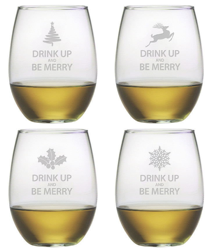 Drink Up & Be Merry ~ Stemless Wine Glasses ~ Set of 4