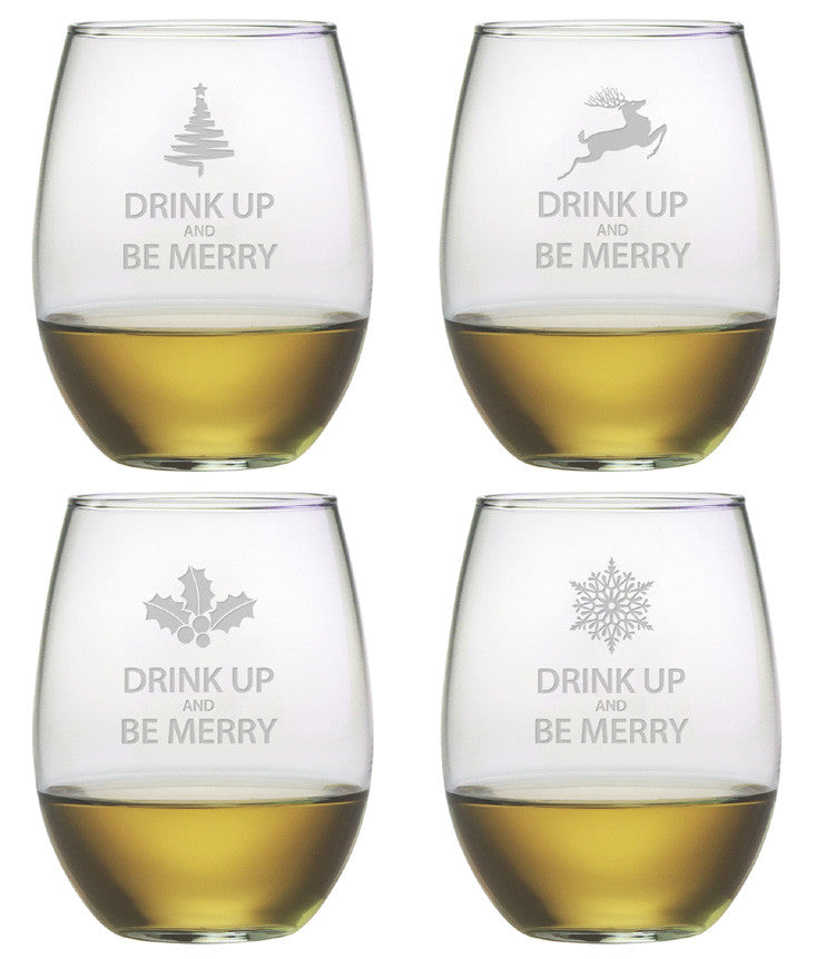 Drink Up & Be Merry ~ Stemless Wine Glasses ~ Set of 4