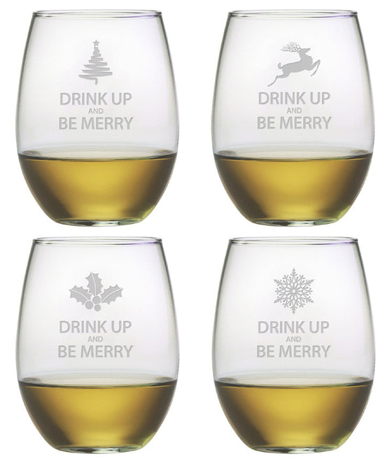 Drink Up & Be Merry ~ Stemless Wine Glasses ~ Set of 4
