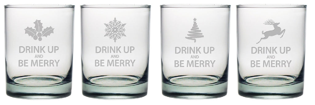 Drink Up & Be Merry Double Old Fashioned Glasses ~ Set of 4