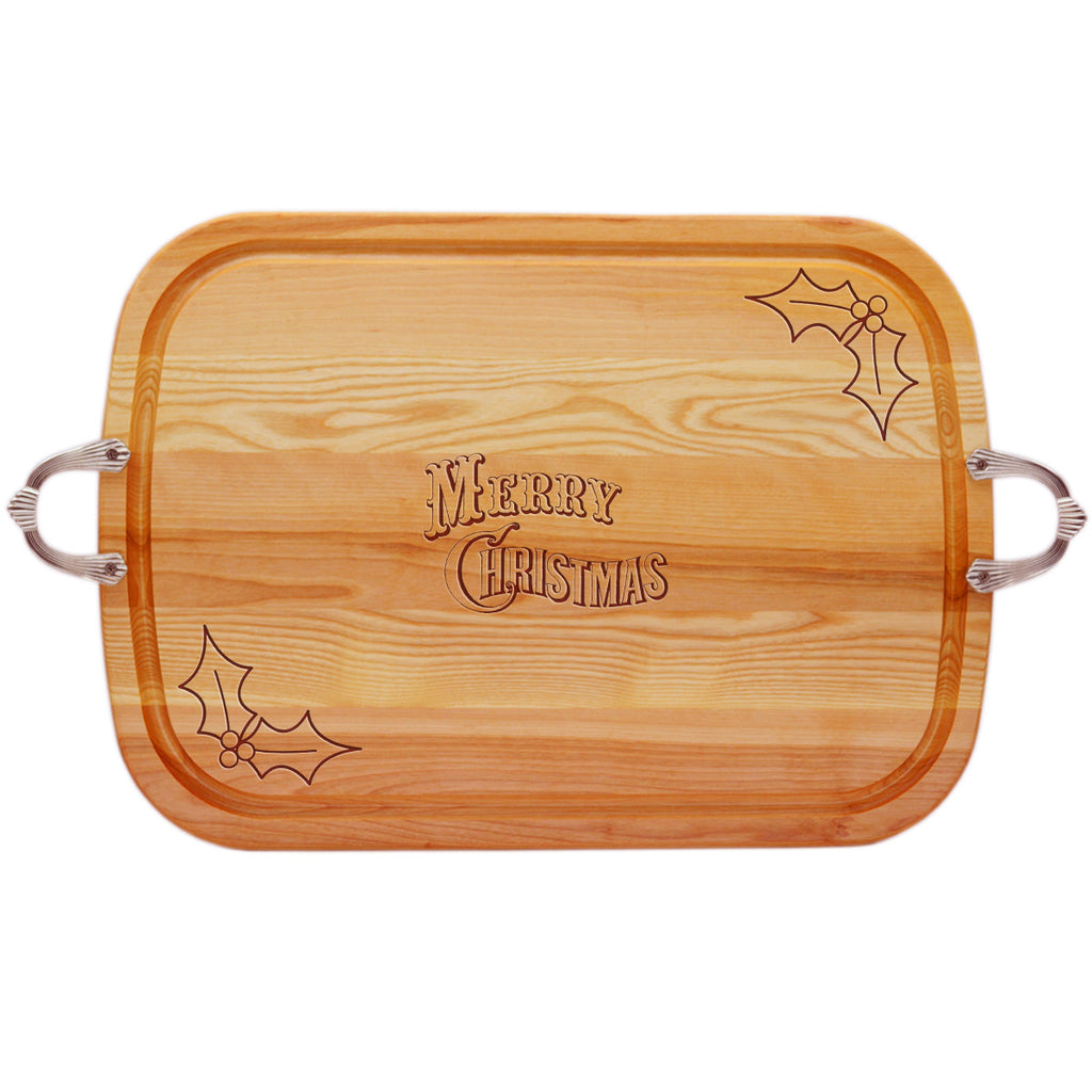 Merry Christmas Wood Tray with Nouveau Handles