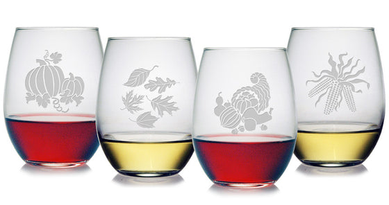 Festive Fall ~ Stemless Wine Glasses ~ Set of 4