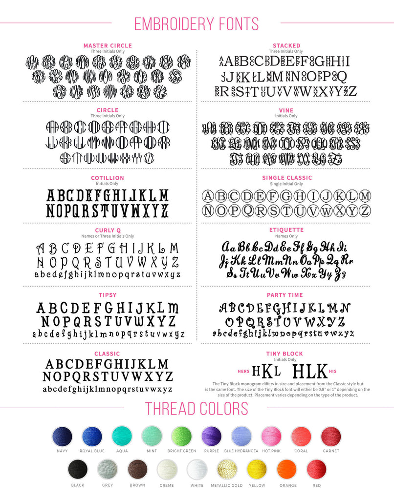 Fonts and Thread Colors - Premier Home & Gifts