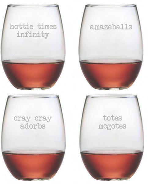 Girl Talk Stemless Wine Glasses ~ Set of 4