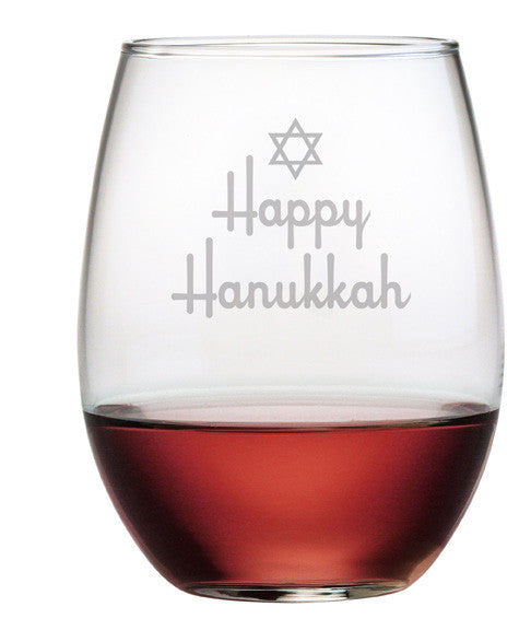 Happy Hanukkah - Design 3 - Stemless Wine Glasses ~ Set of 4