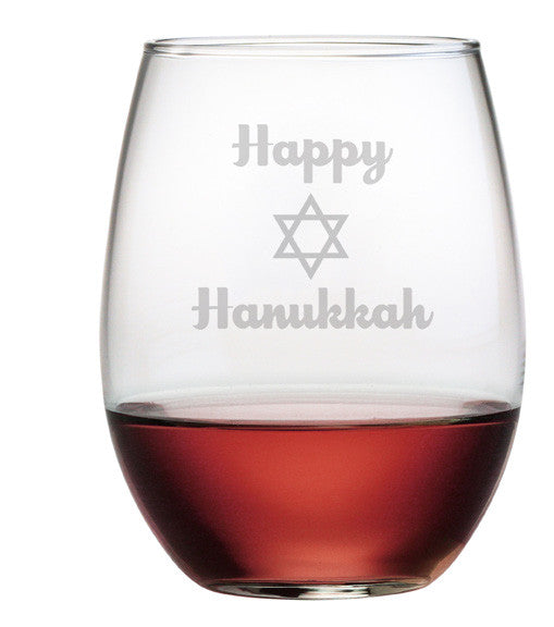 Happy Hanukkah - Design 1 - Stemless Wine Glasses ~ Set of 4