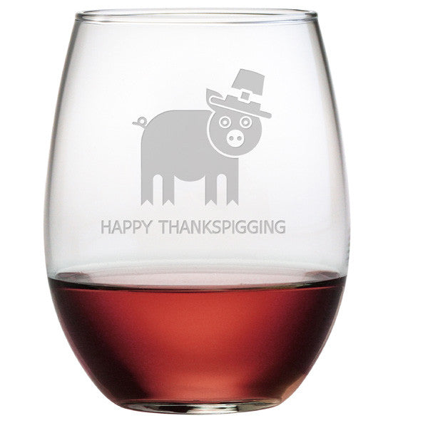 Happy Thankspigging Stemless Wine Glasses ~ Set of 4