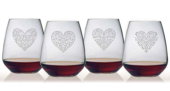 Heart Designs Bormioli Stemless Wine Glasses ~ Set of 4